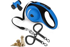 FEGCZP Dual Retractable Dog Leash for 2 Medium Dogs (Up to 66LBS Each) - Double Headed Pet Leash with Poop Bags and LED Light, One Button Brake & Lock, 360 Tangle-Free (Blue, Medium)