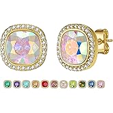 EVEVIC Austrian Crystal Halo Square Stud Earrings for Women 14K Gold Plated Birthstone Earring Hypoallergenic Jewelry Gifts