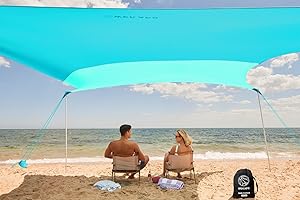 WEKAPO Beach Shade Canopy, 7x7 FT Beach Tent Sun Shelter with 4 Poles, Large Sand Shovel and Ground Pegs, UPF 50+ Outdoor Shade for Camping Trips, Fishing (Turquoise, 7x7 FT 4 Pole)