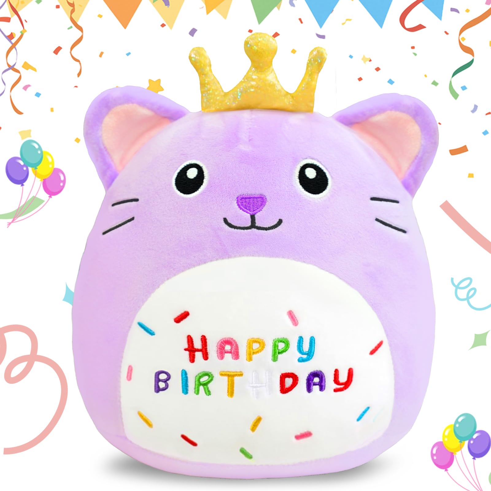 AMFUN 10" Happy Birthday Stuffed Animal,Purple Birthday Cat Plush Pillow, Soft Puppy Plush Toy Gifts for Kids Toddlers-25CM
