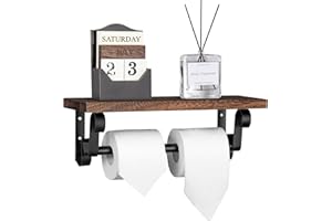 Lavievert Industrial Toilet Paper Holder, Double Roll Toilet Tissue Holder with Rustic Wood Shelf, Wall Mounted Pipe Toilet Paper Dispenser for Bathroom, Washroom, Kitchen - Dark Brown