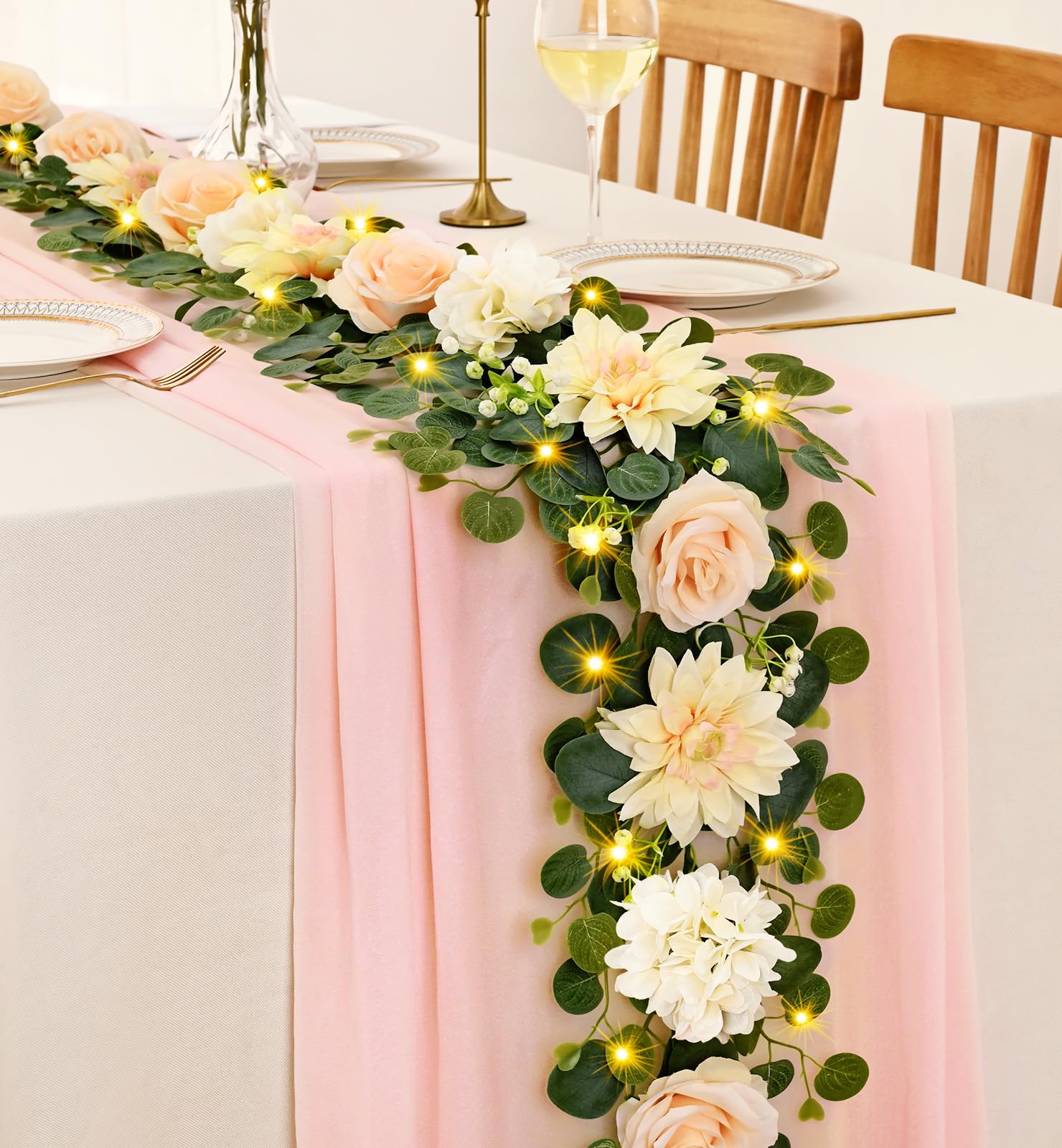 Photo 1 of Yastouay 2 Pcs Flower Garland with Lights, 12 Ft Champagne Rose Floral Garland Fake Flowers for Wedding Arch Party Tables Backdrop Decor