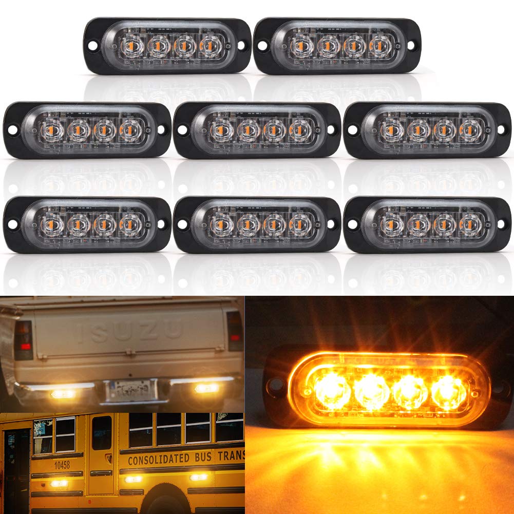 Biqing 8PCS Car Grille Light,Universal 4 LED Emergency Warning Lights Strobe Flashing Side Lights Amber Recovery Breakdown Beacon Light Bar 12V 24V for Car Vehicle Truck Trailer Caravan Camper Van