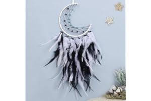 TEESHLY Moon Dream Catcher - Handmade Crescent Design Dreamcatchers for Room Wall Decor, Feather Hanging Boho Ornament for Home Decoration Festival Gift (White-Black)