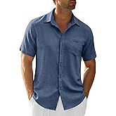 Runcati Mens Button Down Shirts Casual Short Sleeve Linen Shirt Summer Beach Textured Tops with Pocket