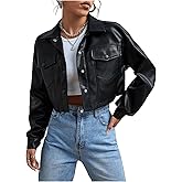 GORGLITTER Women's Cropped Leather Jacket Trendy Long Sleeve Button Down Moto Biker Jacket Fashion Coat Outerwear