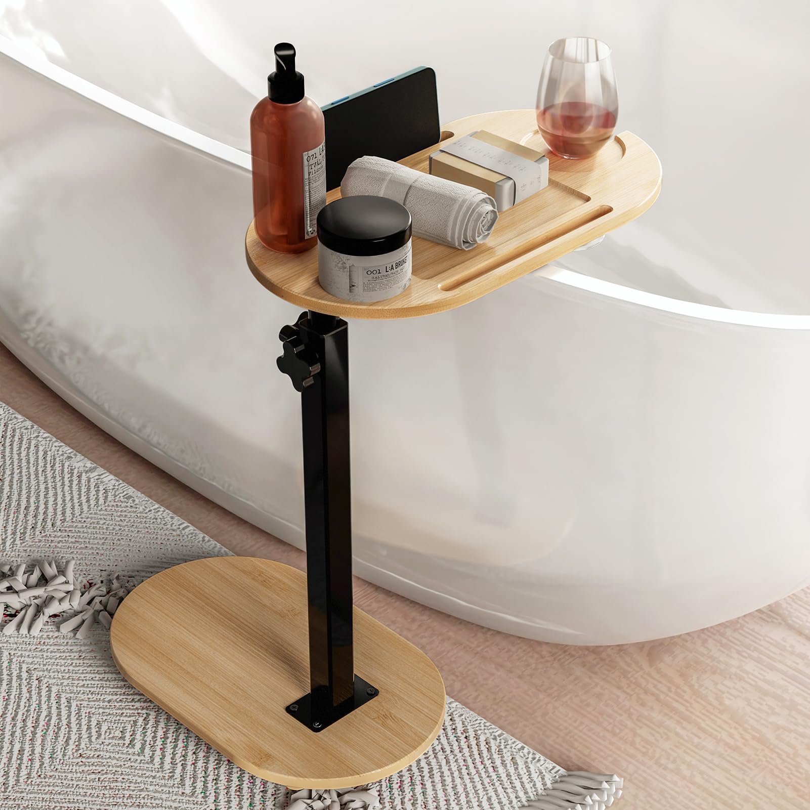Yumkfoi Bamboo Bathtub Tray Table with Adjustable Height, Freestanding Bath Caddy Tray for Tub Against Wall, Bathtub Side Table for Luxury Bath Home Spa and Gift Choice - Patent Protected (Natural) — image 1