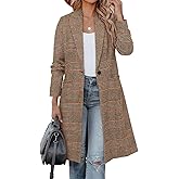 CHICZONE Womens Notch Lapel Wool Blend Pea Coat Single Breasted Long Plaid Jacket Winter Houndstooth Coat Khaki 2XL