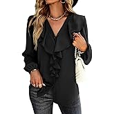 Vrtige Women's V Neck Ruffle Front Button Down Long Sleeve Blouse Top Shirt