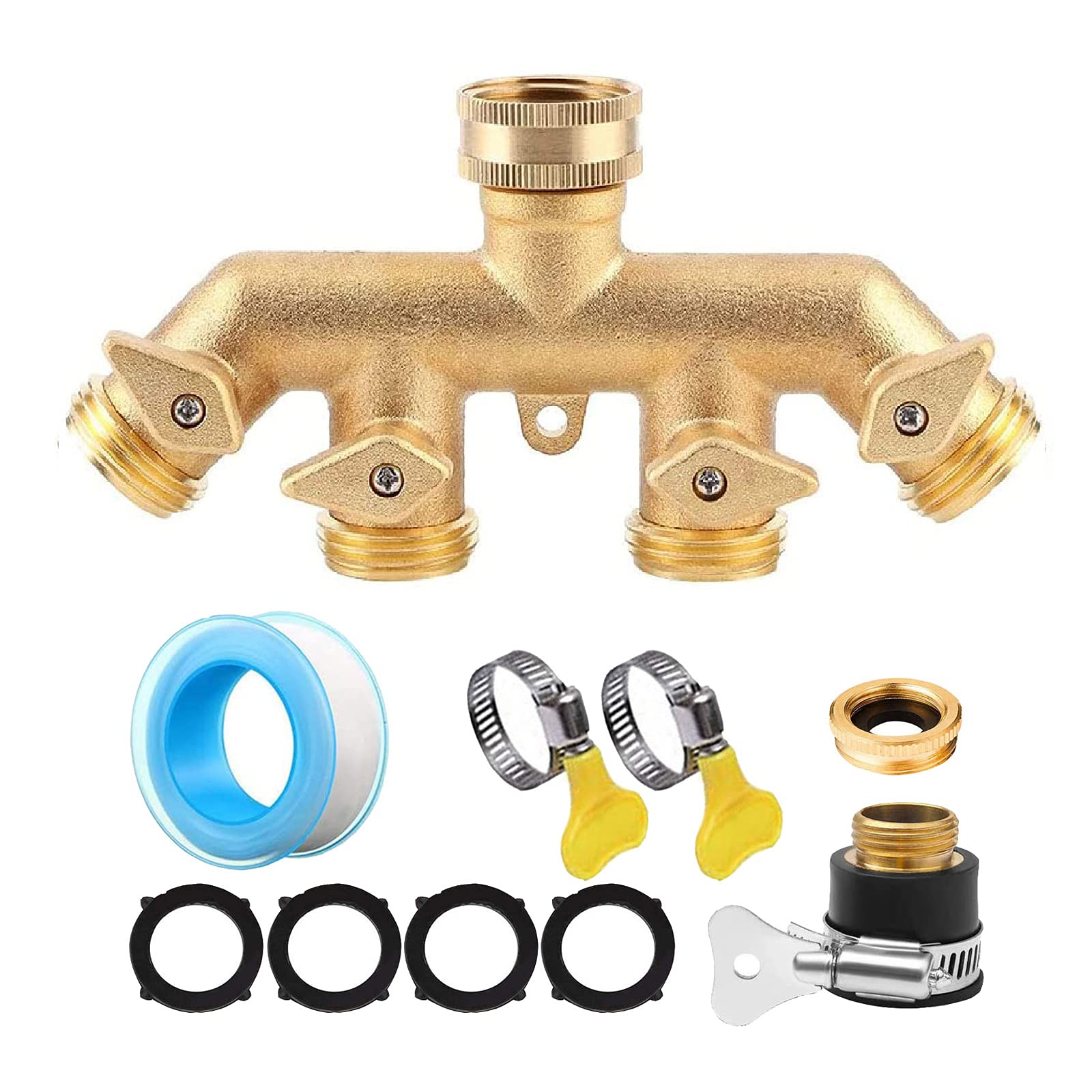 JasCherry 4 Way Brass Tap Adaptor with 4 Individual On-Off Valves, Fits Standard Outdoor Tap, Solid Brass Construction, Blue