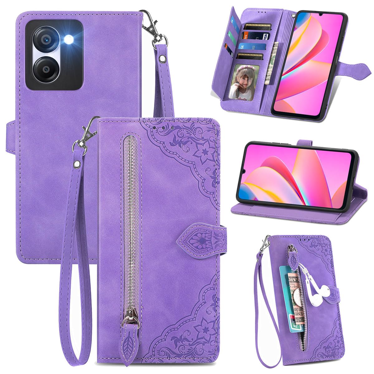 MOJIA Flip Case Compatible with Blackview Color 8, PU Leather Zipper Wallet Case Flip Phone Cover with TPU Shell, Card Holder Multifunctional Case. Purple