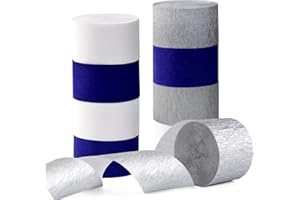 Navy-Blue White- Silver Crepe Paper Streamers - 9 Rolls Royal Blue Graduation 2022 Men Boy Birthday Party Decorations Streamer Wedding Bridal Shower Paper Garland Fathers Day Decor Panduola