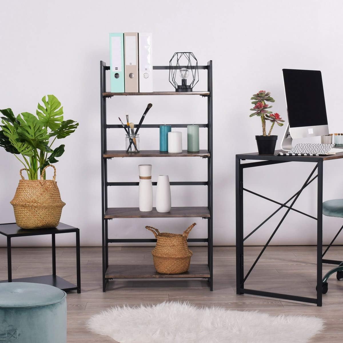 Coavas Folding Bookshelf Home Office Industrial Bookcase No Assembly Storage Shelves Vintage 4 Tiers Flower Stand Rustic Metal Book Rack Organizer, 23.6 X 11.8 X 49.4 Inches: Furniture & Decor