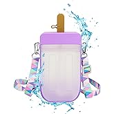 300ML Cute Water Bottle with Straw - Kawaii Creative Ice Cream Popsicle Cups Adjustable Shoulder Strap for School Girls, Leakproof BPA Free Juice Drinking Bottles Camping Sports Travel 10 Oz (Purple)