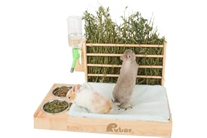 Rubor Rabbit Hay Feeder with Litter Box, 4 in 1 Wooden Feeder Toilet Combo Feeding Manger for Bunny and Guinea Pig, Small Animals Hay Rack Water Bottle Litter Pan and 2pcs Bowls with 5pcs Pee Pads