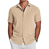 COOFANDY Men's Casual Button Down Short Sleeve Shirts Summer Beach Shirt Resort Wear Wrinkle Free No Tuck Shirts Almond