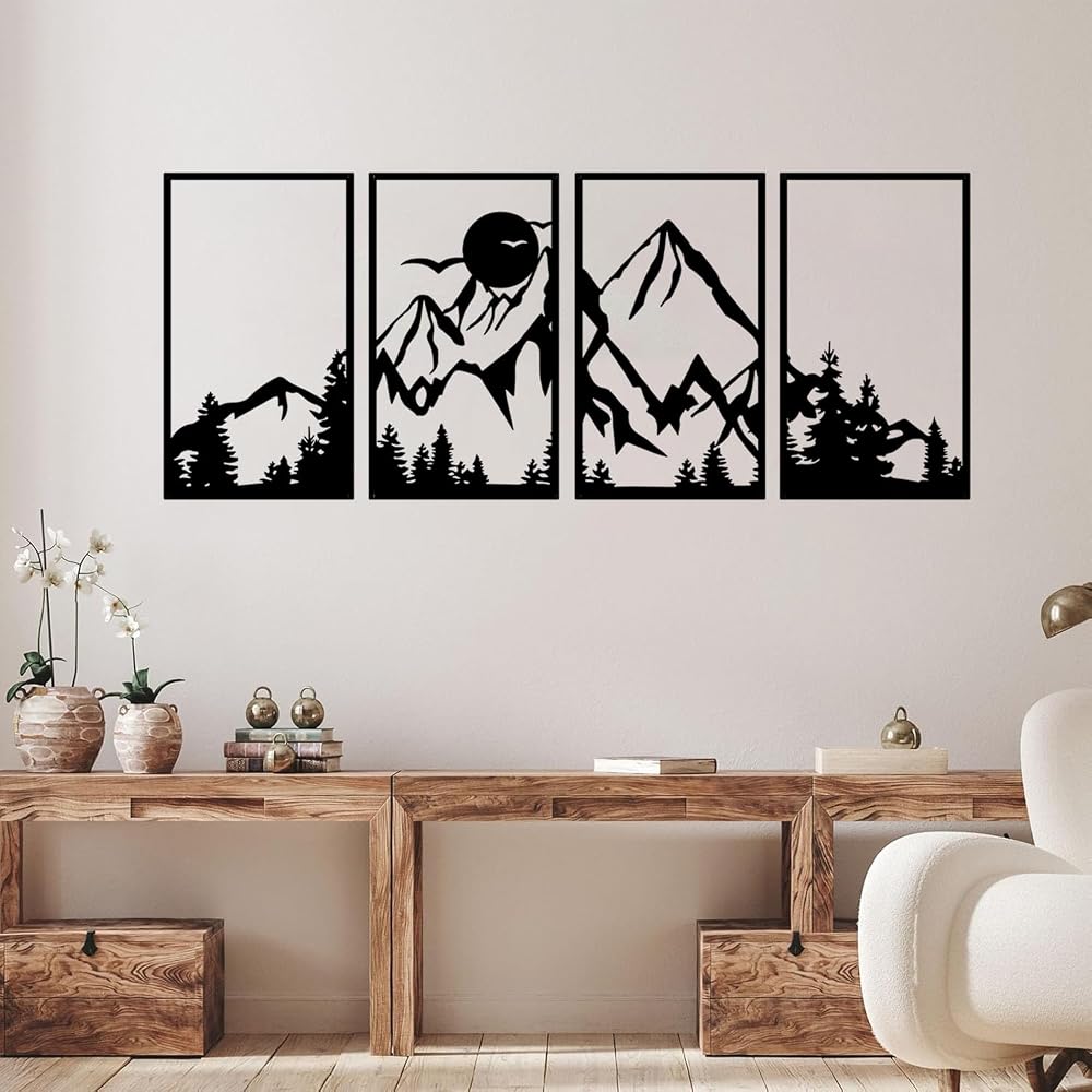 ESTART 4 Pcs Mountain Range Metal Wall Art Decor 25 x 43 cm Rustic Black
