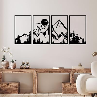 ESTART 4 Pcs Mountain Range Metal Wall Art Decor 25 x 43 cm Rustic Black