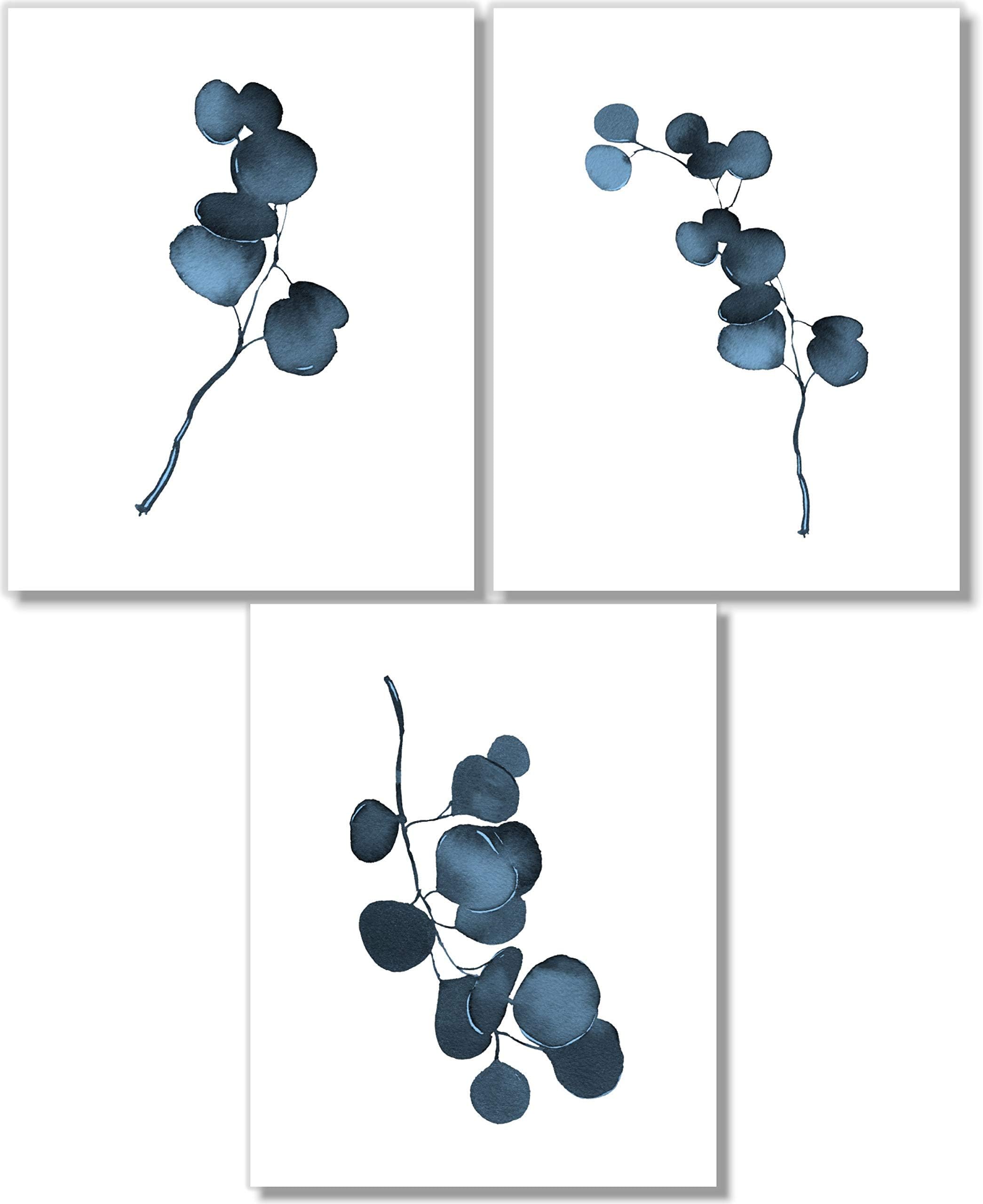 Botanical Prints Wall Art - Eucalyptus Leaves Decor - Blue Wall Art - Set of 3- Unframed (8x10)