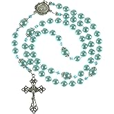 Intercession Light Blue Glass Pearl Catholic Rosary – Elegant Handcrafted Prayer Beads with Miraculous Medal & Silver Crucifix