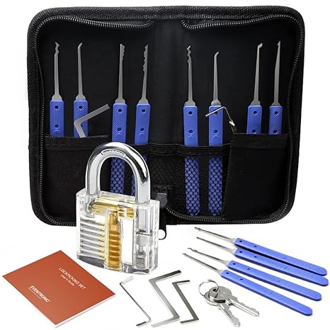 Lockpicking Set, Eventronic 17-Teiliges Dietrich Set mit 1 Transparentem Trainingsschlössern und Anleitung für Schlosserei, A