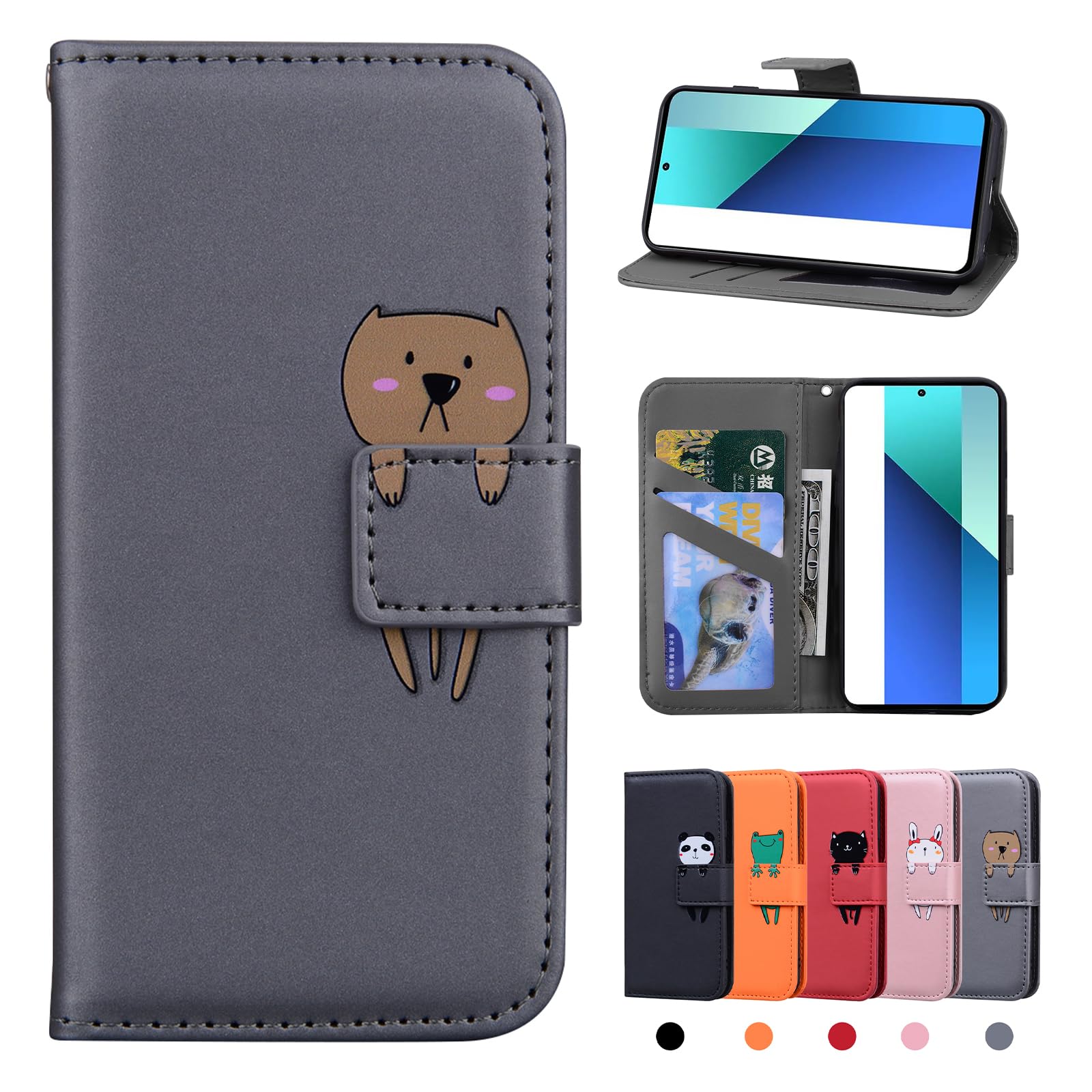 Rostsant Xiaomi Redmi Note 13 4G Case Cover Skin Feel PU Leather Case Xiaomi Redmi Note 13 4G Magnetic Closure Protective Wallet Flip Cover Stand Protective Case for Redmi Note 13 4G Gray Bear — image 1