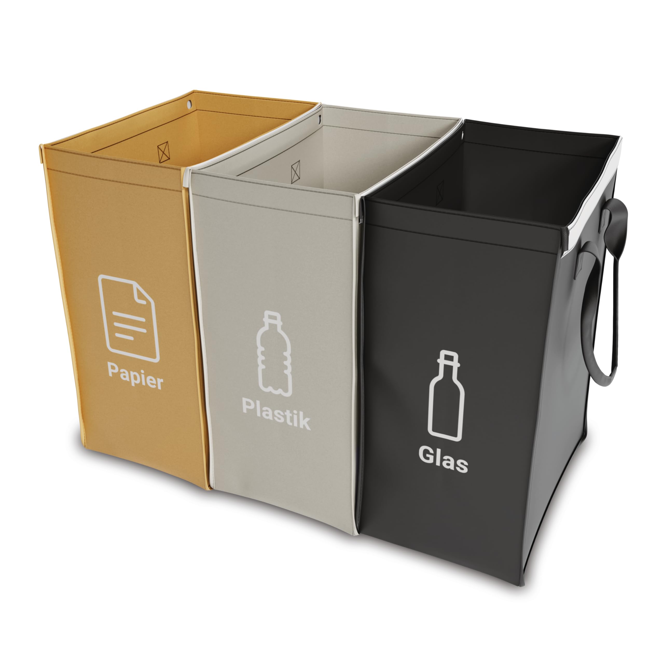 qikfresh - 3-Piece Waste Sorting System - Recycling Bins for Glass, Paper, Plastic & Bottles - Space-Saving Waste Separation for Kitchen & Home (Symbols + Text)