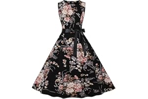 NARHBRG Womens Boatneck Vintage Tea Dress Sleeveless Floral 1950's Tea Dress Retro Swing Prom Cocktail Party Dress for Women