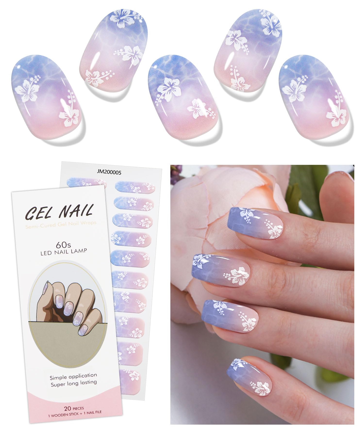 JMEOWIO Gel Nail Stickers Light Purple Pink Flower Semi Cured Gel Nail Strips Wraps UV/LED Nails Art Design Decoration Accessories