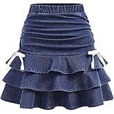 Floerns Girl's Cute Bow Denim Skirts Ruched Layered Ruffle Elastic Waist Short Skirt