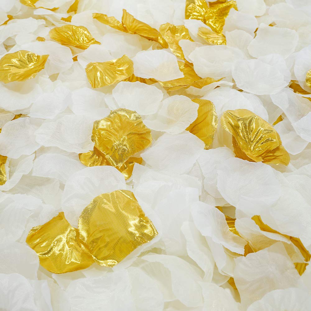 LUSSO LIA Silk Flower Petals Perfect Wedding Mix Artificial Rose Petals Wedding Confetti Party Decoration Scatter Floral 1200 Pieces (White, Light Cream, Gold)