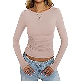 EasyGala Womens Boat Neck Long Sleeve Shirts Ruched Double Lined Top Fitted Basic Tight Tee Spring Fall Clothes 2025
