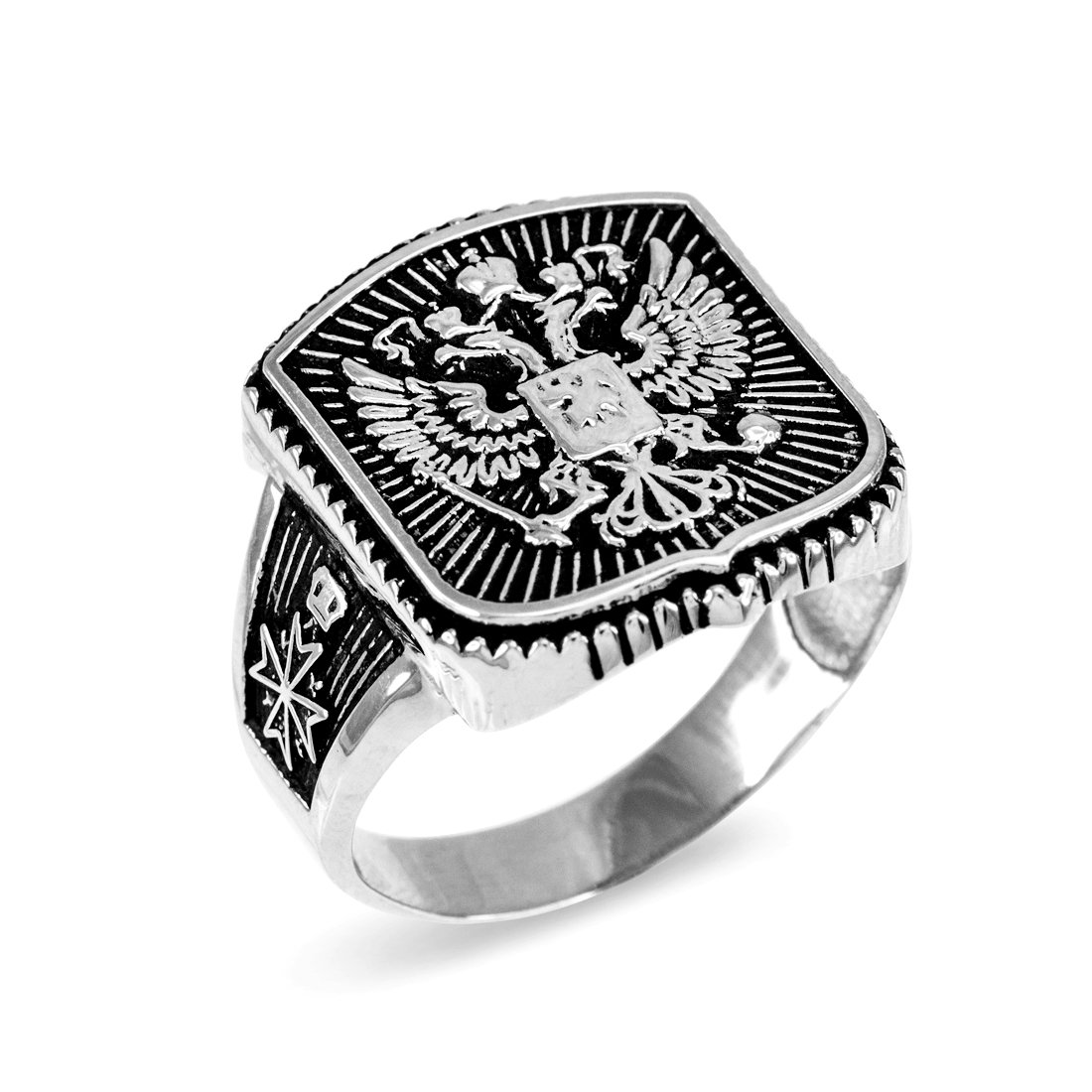 Oxidized Sterling Silver Russian Imperial Crest Mens Orthodox Cross Ring