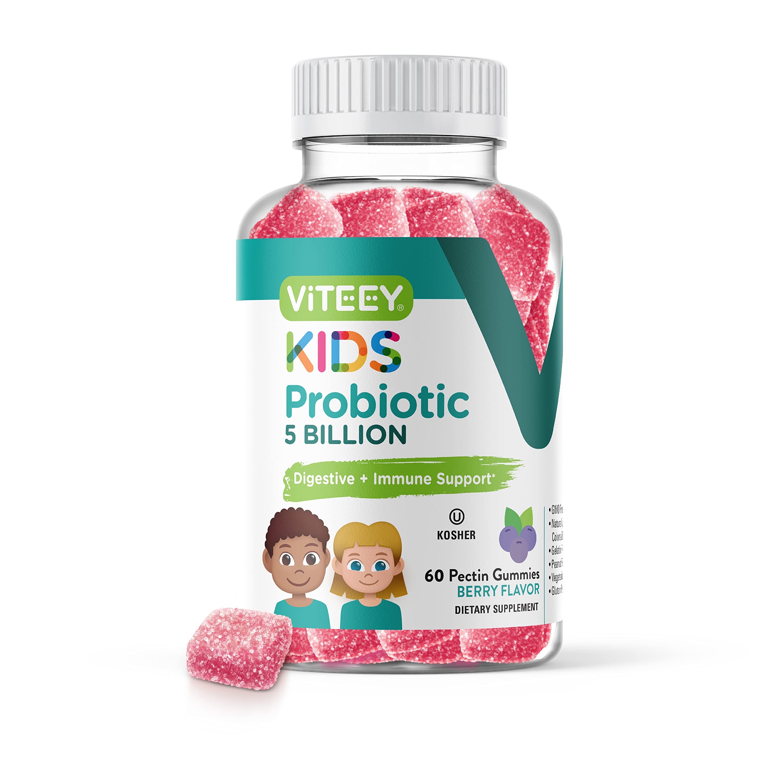 Probiotic Gummies for Kids - 5 Billion CFUs - Probiotics Kids Constipation Relief, Natural Immune & Digestive Health Support - Vegetarian, Gelatin Free, GMO Free - Tasty Chewable Berry Flavored Gummy
