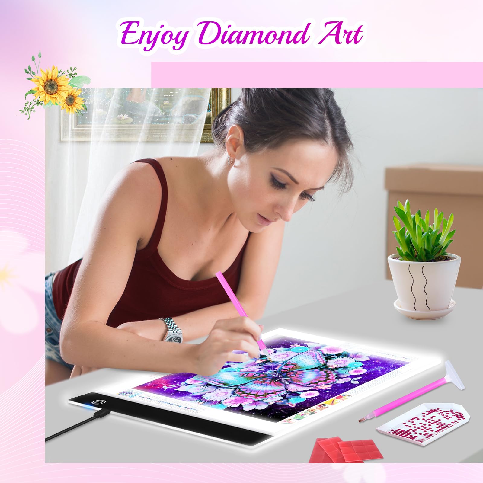 Guiseapue A4 Diamond Art Light Board, Ultra-Thin Light Pad for Painting, Light Table Tracing Light Box for Drawing, Tattoo, Weeding Vinyl, Sketching, Painting Accessories Gifts for Her, Kids, Him
