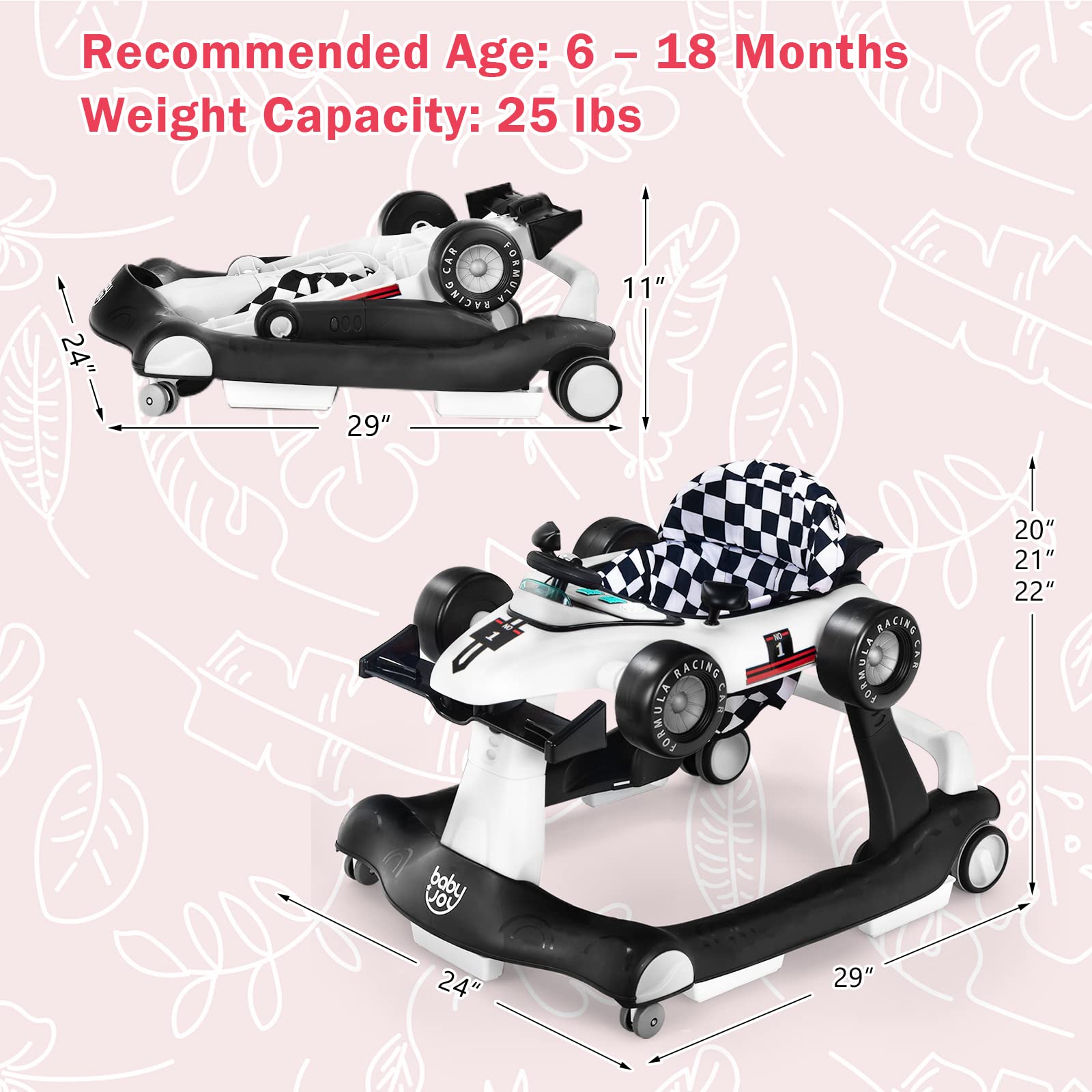 BABY JOY 4-in-1 Baby Walker, Foldable Activity Walker with Adjustable Height & Speed, Music, Lights, Anti-Rollover, Toddler Push Walker, Baby Walker with Wheels for Boys Girls 6-18 Months (White)