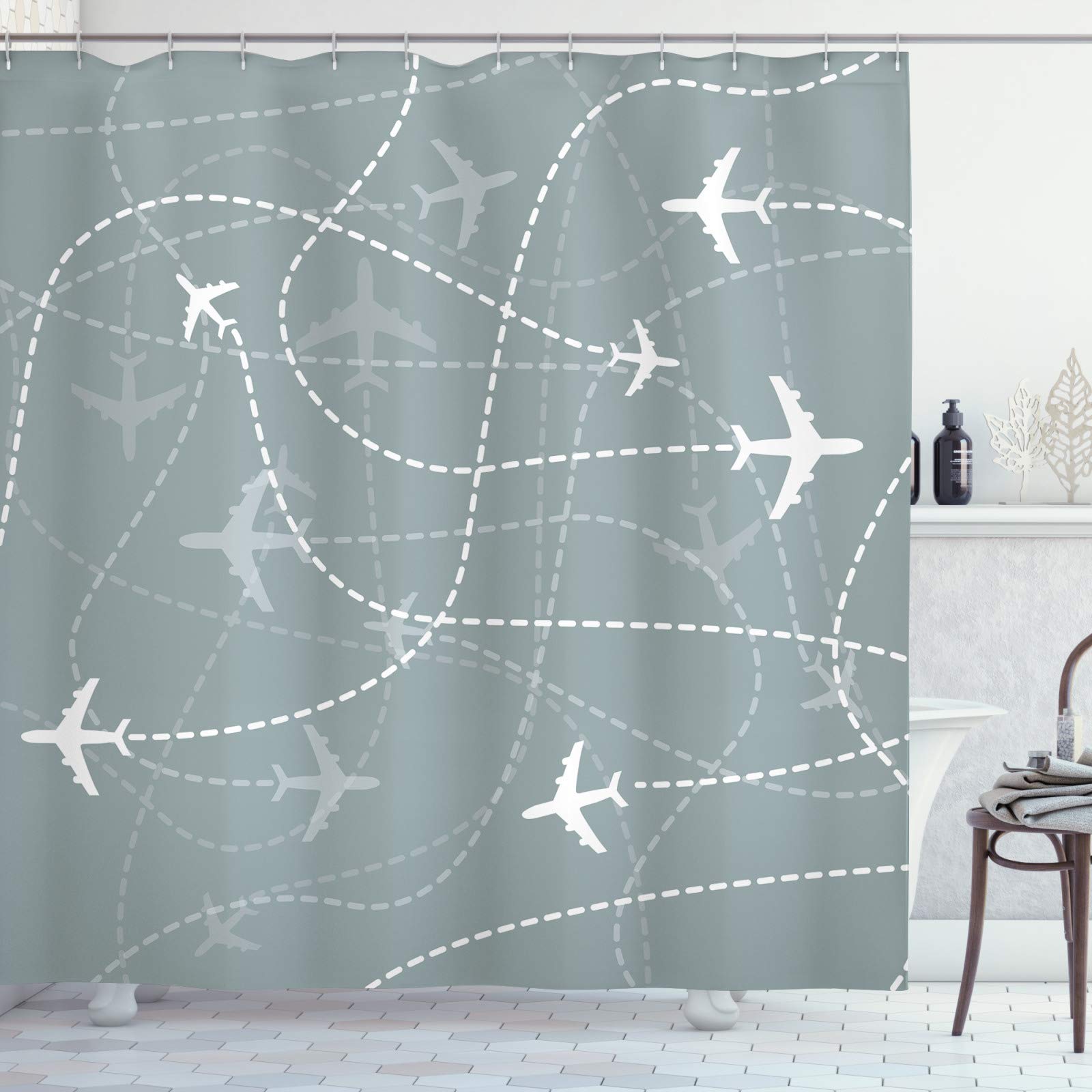 ABAKUHAUS Airport Shower Curtain, Repetitive Pattern of Simple Airplane Traces Scheme in Monochromatic Design, Cloth Fabric Bathroom Decor Set with Hooks, 94 Inches, Grey Teal White