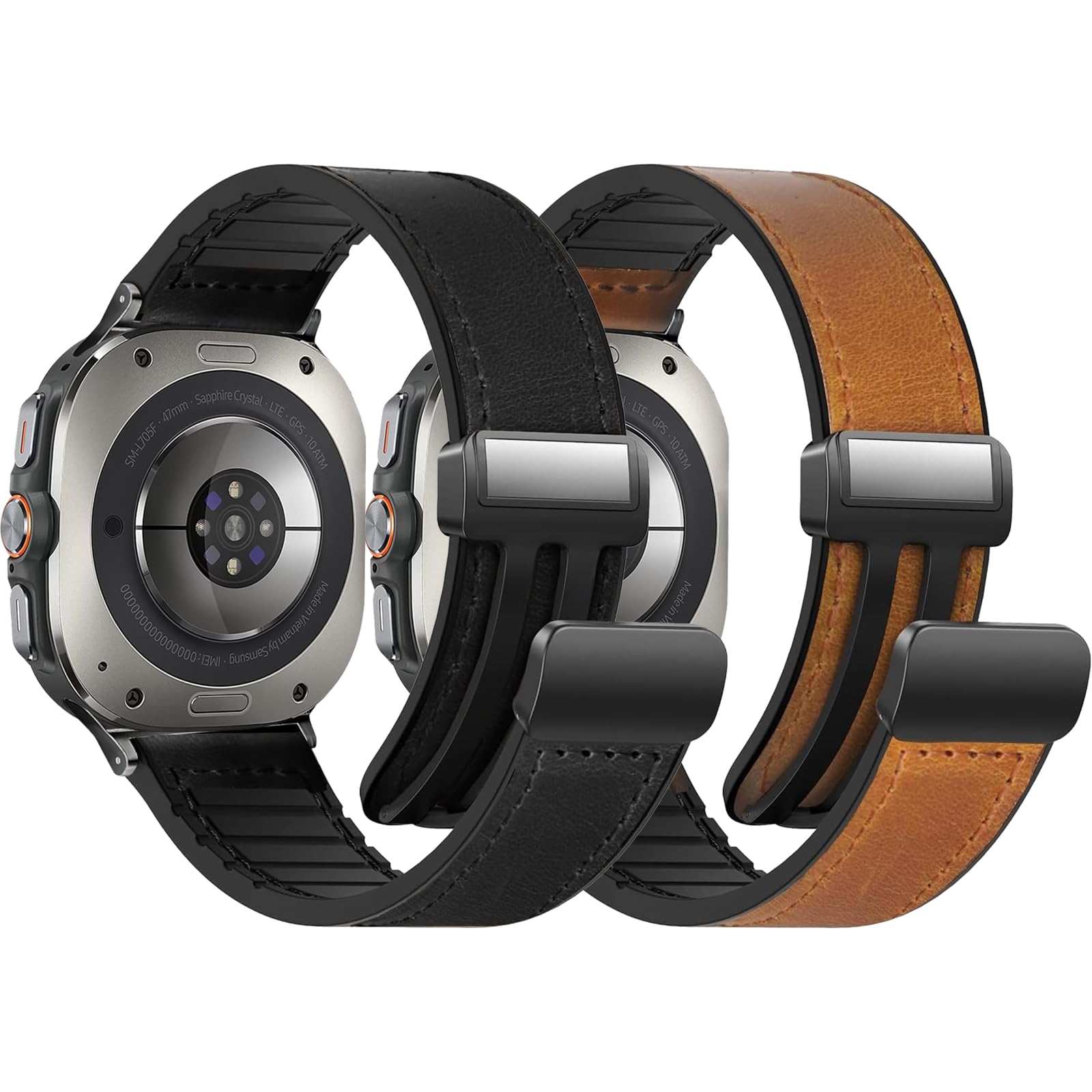 Photo 1 of 2 Pack Magnetic Leather Watch Band Compatible with Samsung Galaxy Watch Ultra 47mm(2025/2024) Magnetic Buckle Design Adjustable Classic Wristbands Accessories Replacement Straps for Men and Women (Black&Light Brown)