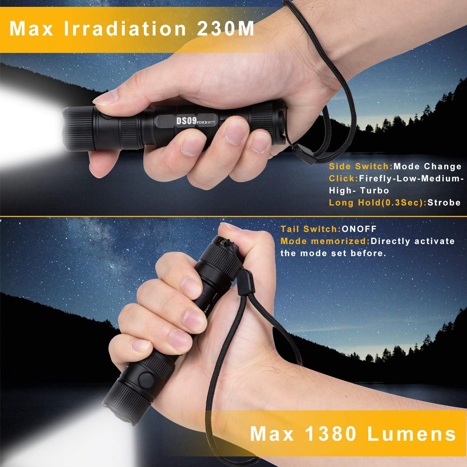 Deseeker DS09 Tactical Flashlight, 1380 High Lumens Rechargeable Flashlights with Magnetic USB Cable and 18650 Battery, IPX8 Waterproof EDC Flashlight for Emergency Camping Outdoor - - 