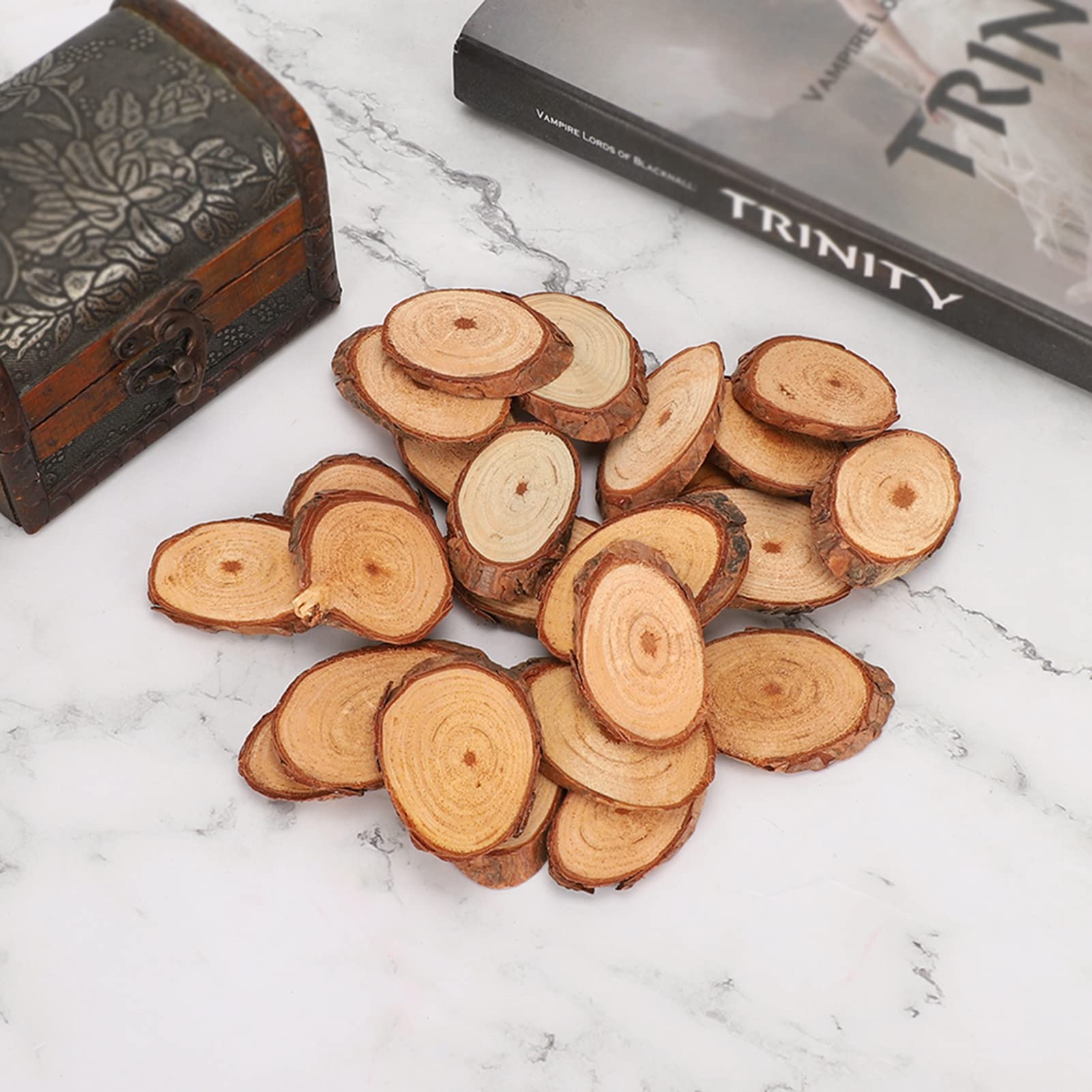 Natural Wood Slices, 25PCS 6 x 4 x 0.5cm Unfinished Log Discs Oval Shaped Pine Wooden Oblique Circles Slices for DIY Crafts Christmas Decorations Ornaments
