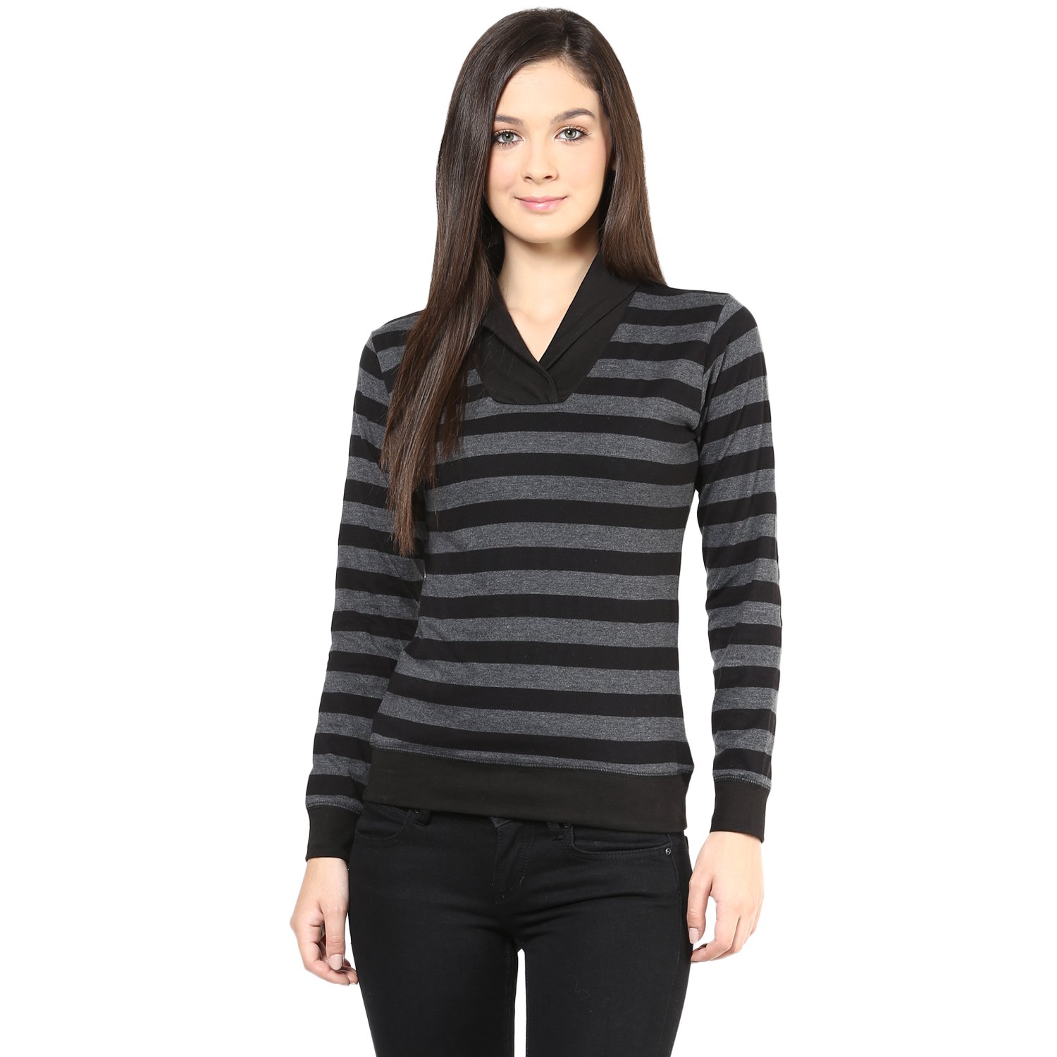 hypernation black and grey color shawl collar t-shirt for women