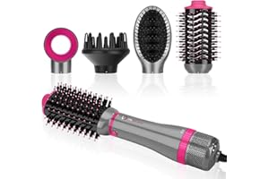IG INGLAM 4 in 1 Blowout Brush, Negative Ion Detachable Hair Dryer & Styler Volumizer Hot Air Brush with 2 Styling Brush Heads, Silver