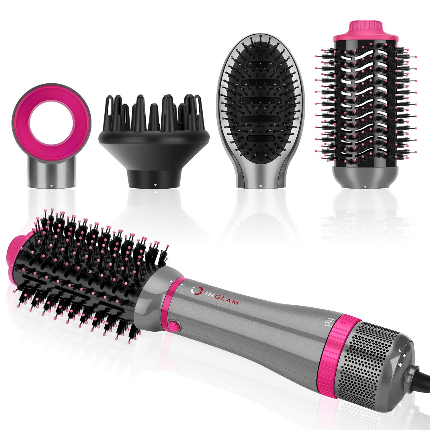 Photo 1 of IG INGLAM 4 in 1 Blowout Brush, Negative Ion Detachable Hair Dryer & Styler Volumizer Hot Air Brush with 2 Styling Brush Heads, Silver