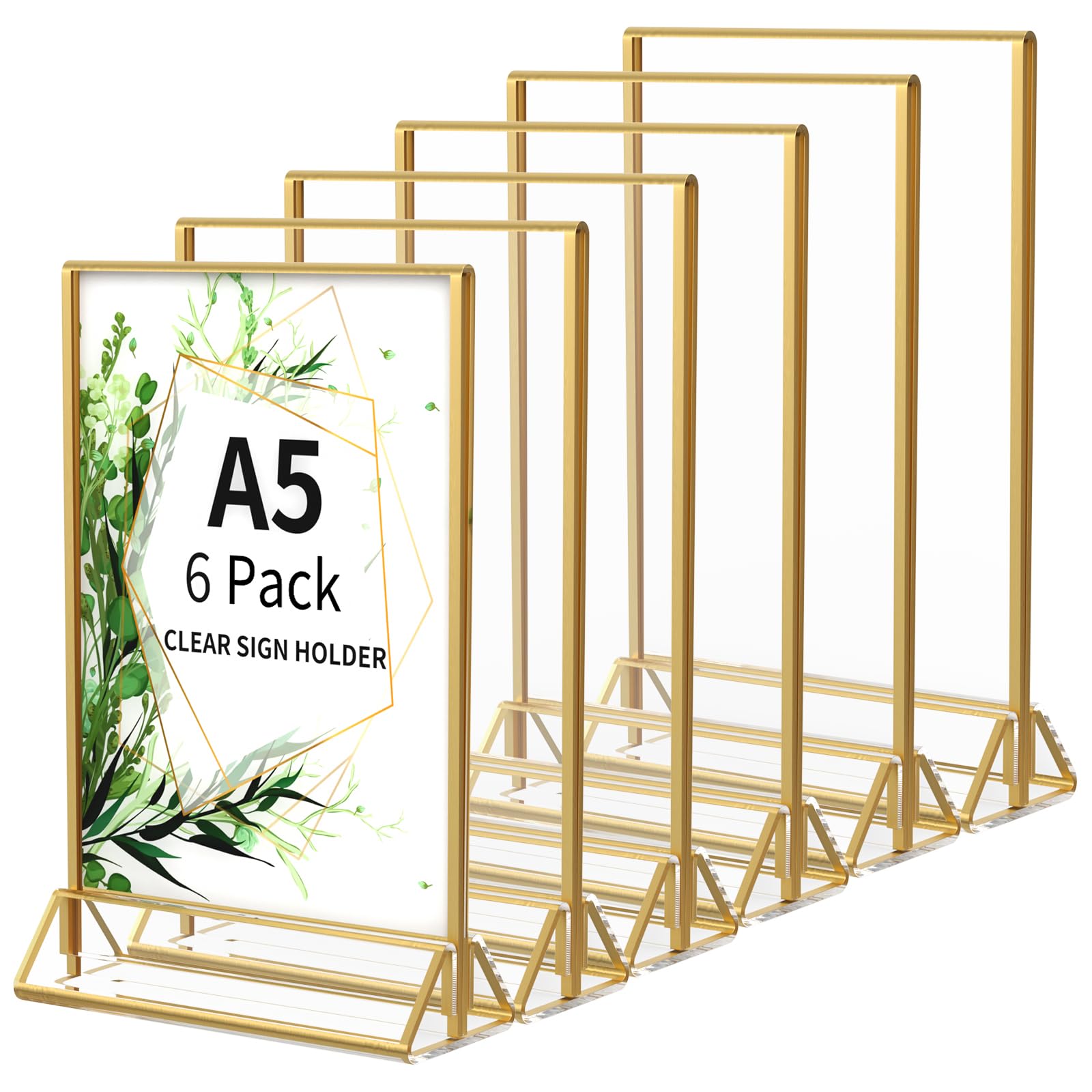 AITEE A5 Gold Sign Holder: 6 Pack Acrylic Clear Menu Table Holders Upright Double Sided Leaflet Display Stand for Wedding Table Numbers, Banquet, Restaurant Signs Display, Photo Frame