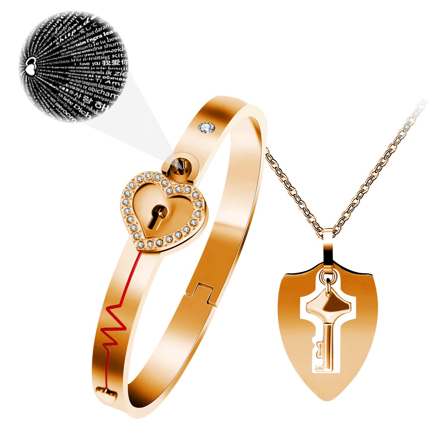 100 Languages I Love You Heartbeat Bangle Bracelet & Shield Key Pendant Necklace, Rose Gold Plated Stainless Couples Jewelry Y953 (Rose Gold) — image 1
