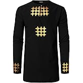 LucMatton Men's Metallic Foil Print African Attire Dashiki Slim Fit Long Sleeve Lightweight Shirt