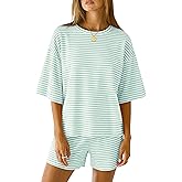 LOMON Two Piece Sets for Women Summer 3/4 Sleeve Tops and Elastic Waist Shorts Pajamas Cute Comfy Soft Lounge Striped Pjs