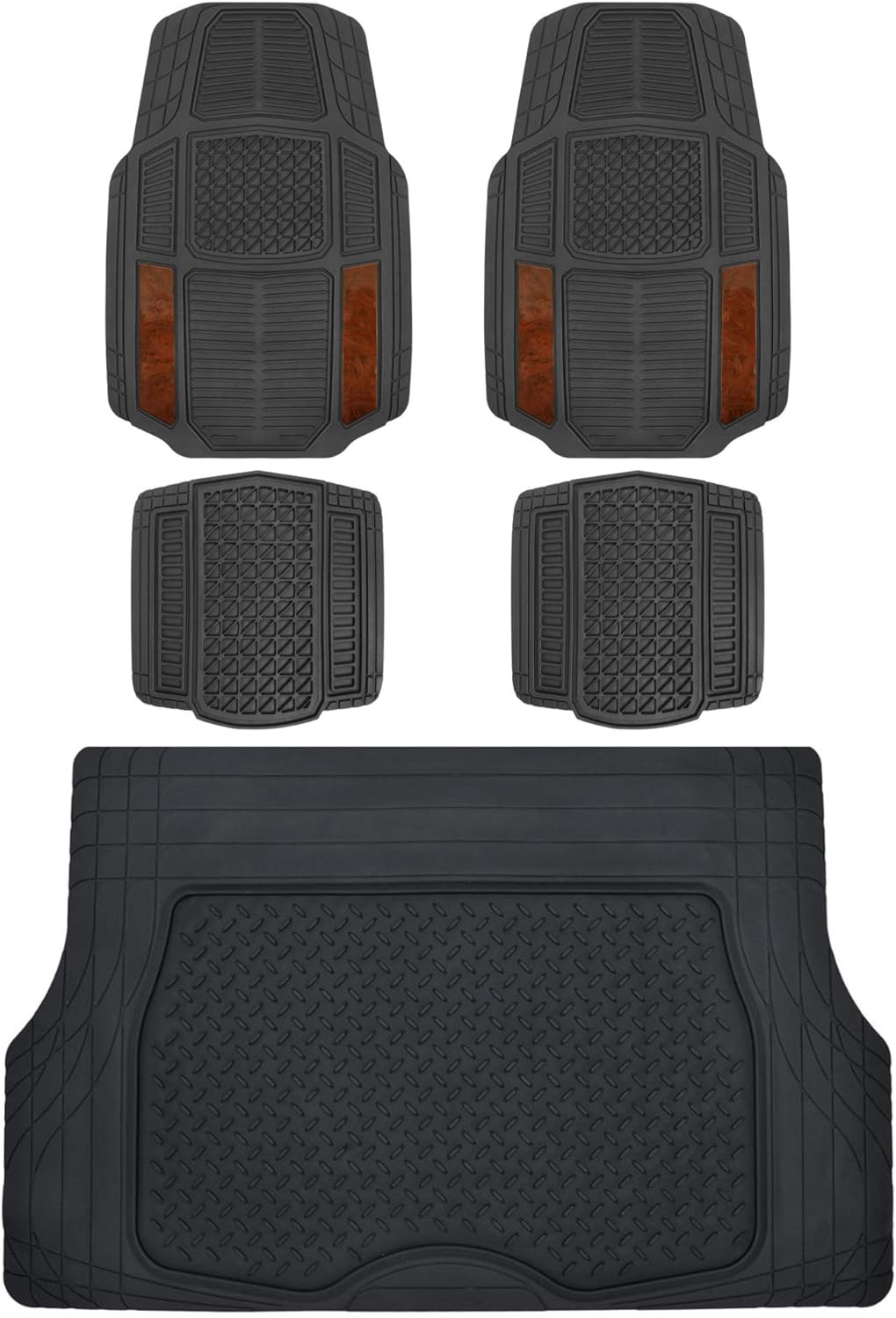 BDK MT-824+MT-884-Series Dark Wood RuggedDuty Car Rubber Floor Mats w/Cargo Trunk Liner for Auto Sedan SUV Van-Total Protection