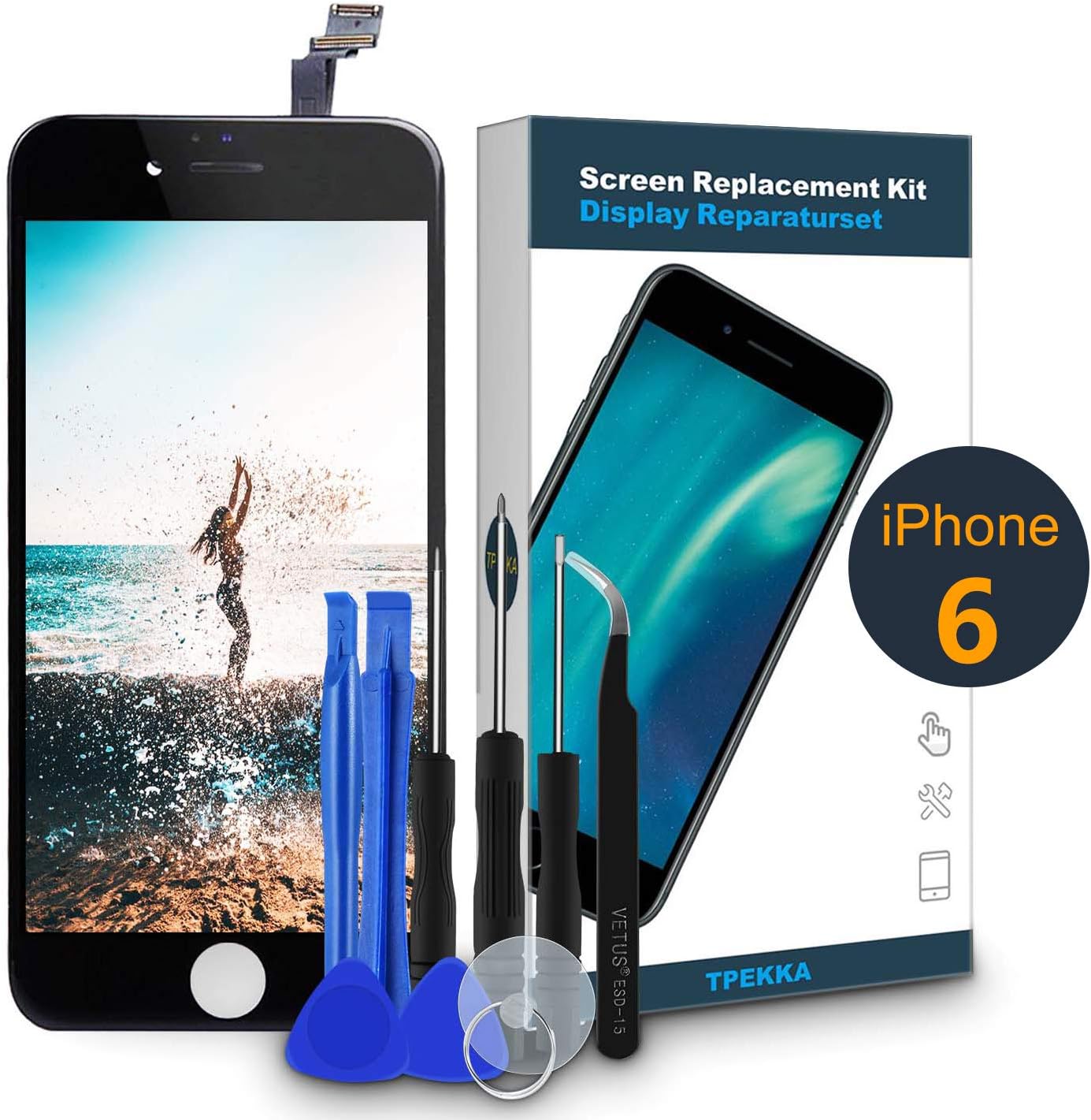 TPEKKA Screen Replacement for iPhone 6 Black-LCD Display Touch Screen Digitizer-Front Glass Panel Full Display Assembly for iPhone 6 Screen with Complete Repair Toolkit Premium Tweezer, 4.7 Inch