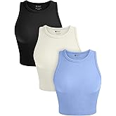 OLCHEE Womens 3 Pack Crop Tank Tops Basic Seamless Ribbed Round High Neck Racerback Workout Top Summer Causal Yoga Gym Shirts